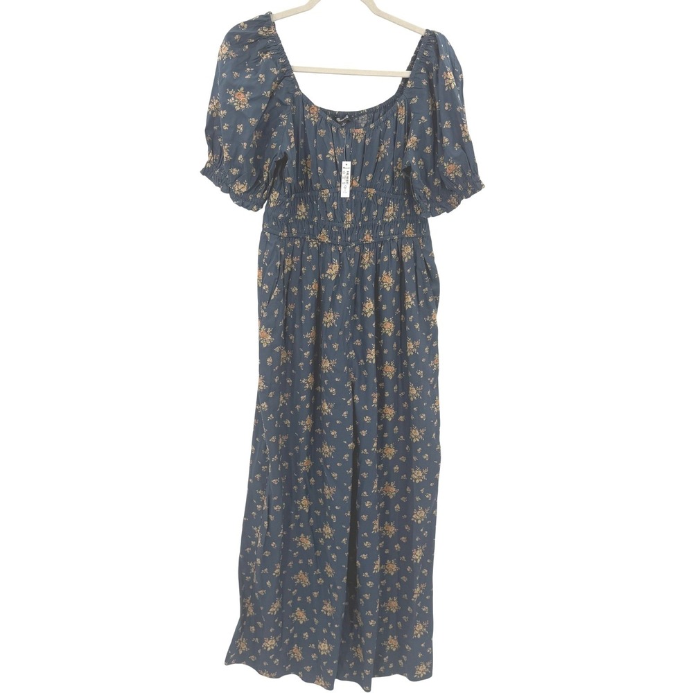 Madewell Sophia Sweetheart Smocked Puff Sleeve Floral Wide Leg Jumpsuit Blue NEW
